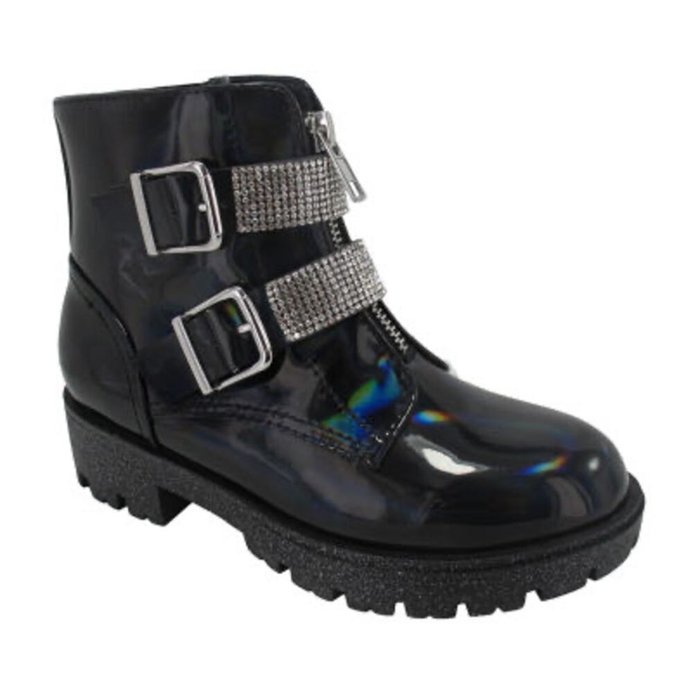 NEW! Pop Kenneth Girls Flat Heel Biker Booties Size 2M Black Holographic
